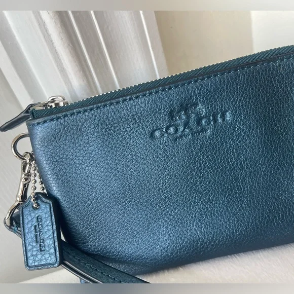 Coach Teal Blue Double Zip Leather Wristlet via - Picture 2 of 12